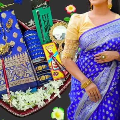 Katan benaroshi saree combo package. for gift. blue color