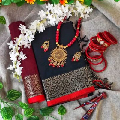 টাঙ্গাইলের সুতি  শাড়ির কম্বো প্যাকেজ  কালো কালার